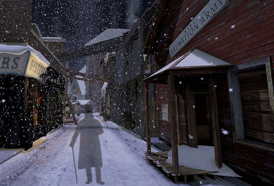 Verschneite Strassenszene mit Schattenfigur zur inszenierten musikalischen Lesung «Eine Weihnachtserzählung» nach Charles Dickens mit Silvia Jost und Andreas Berger im Schlosskeller Interlaken.