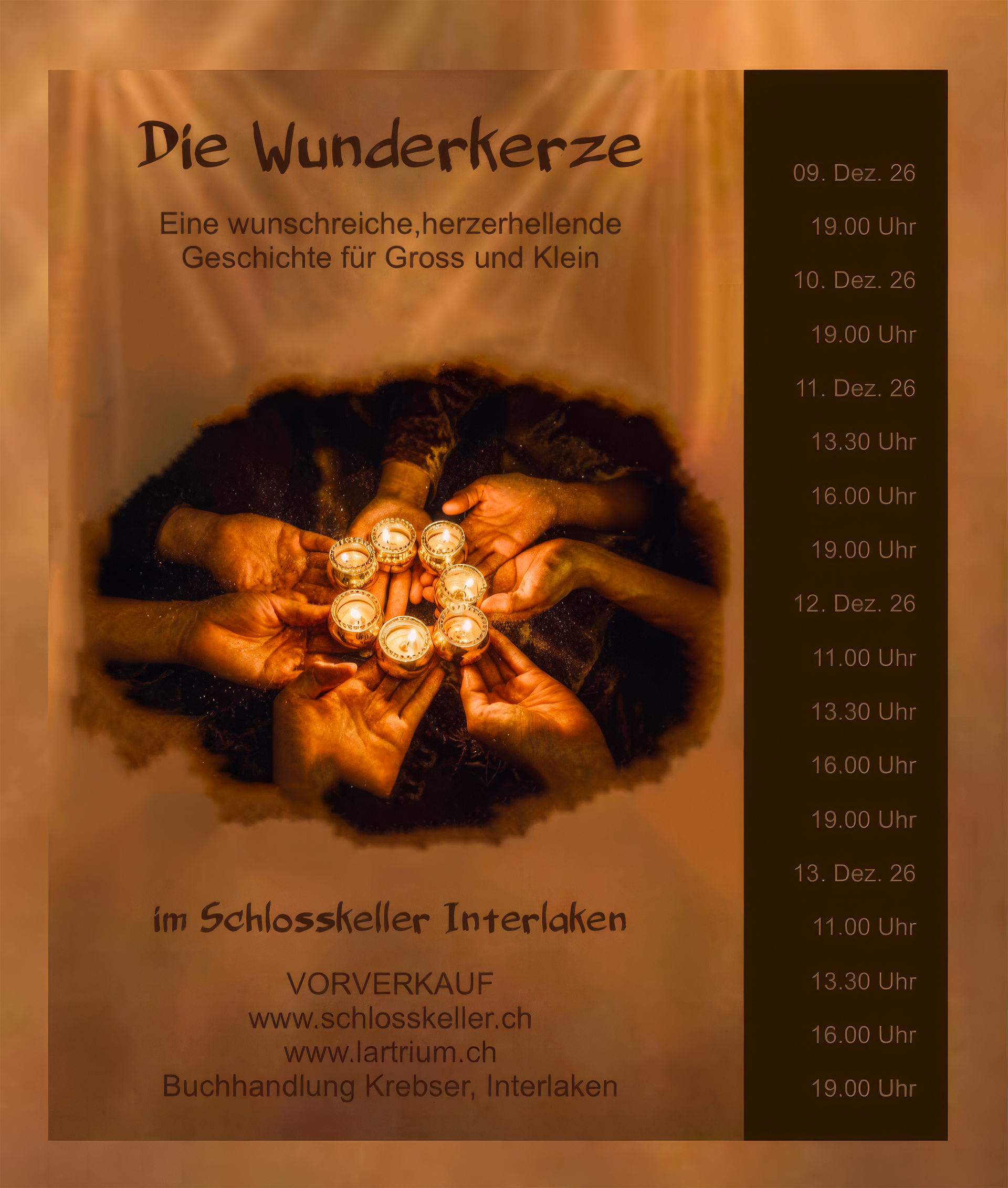 Verschneite Strassenszene mit Schattenfigur zur inszenierten musikalischen Lesung «Eine Weihnachtserzählung» nach Charles Dickens mit Silvia Jost und Andreas Berger im Schlosskeller Interlaken.